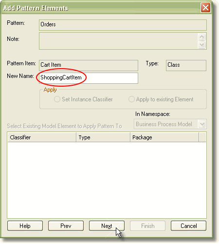 Add Pattern Elements dialog - New Name