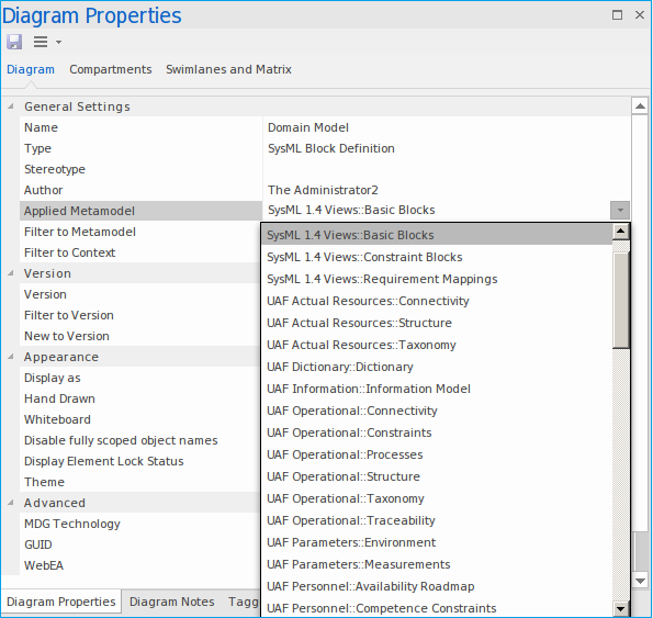 Showing how to set the Applied Metamodel property for a diagram in Sparx Systems Enterprise Architect. Showing how to set the Applied Metamodel property for a diagram in Sparx Systems Enterprise Architect.