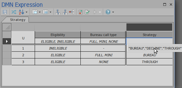 Auto-filling value fields in a DMN Decision Table in the context of an Item Definition using Sparx Systems Enterprise Architect.