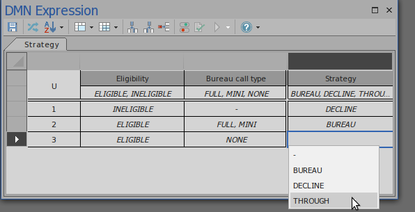 Auto-filling value fields in a DMN Decision Table in the context of an Item Definition using Sparx Systems Enterprise Architect.