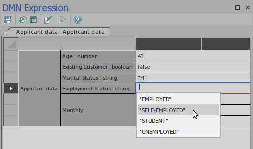 Auto-filling value fields in a DMN InputData Decision Table in the context of an Item Definition using Sparx Systems Enterprise Architect.