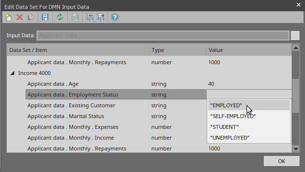An example of  Auto Completion filling in a DMN Data Set using Sparx Systems Enterprise Architect.
