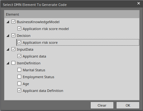 A view of the dialog for selecting the Elements to be included in code generation of a DMN module Sparx Systems Enterprise Architect.