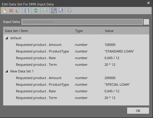 An example of setting a Data Set for InputData used in simulation of a DMN model using Sparx Systems Enterprise Architect.