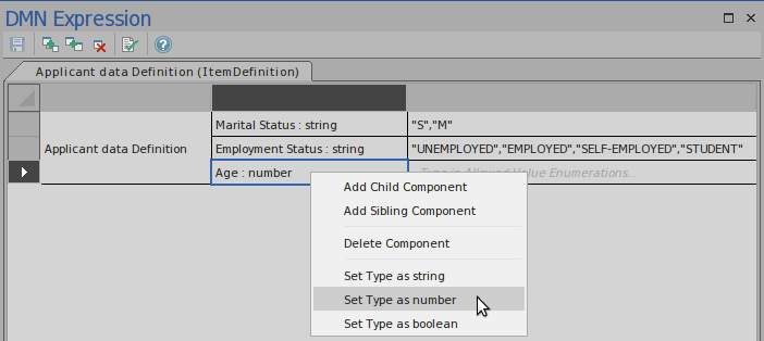Setting the type of DMN Item Definition in a DMN Model using Sparx Systems Enterprise Architect.