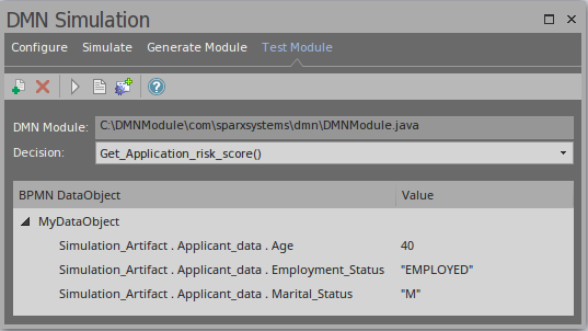 Adding BPMN DataObjects to a DMN simulation's Test Module using Sparx Systems Enterprise Architect.