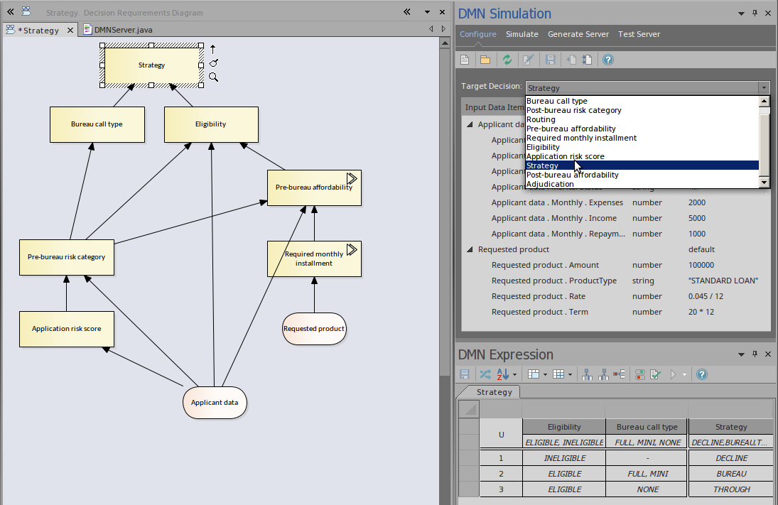 Choosing a Target Decision when running a DMN simulation using Sparx Systems Enterprise Architect.