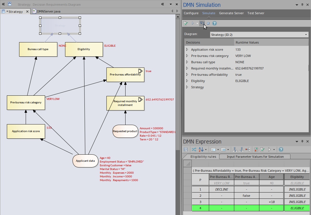 An example of a running DMN simulation showing the runtime results of the simulation using Sparx Systems Enterprise Architect.