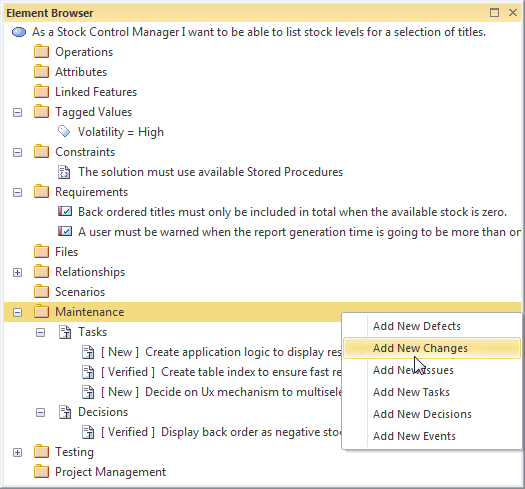 Adding new change in the Element Browser in Sparx Systems Enterprise Architect.