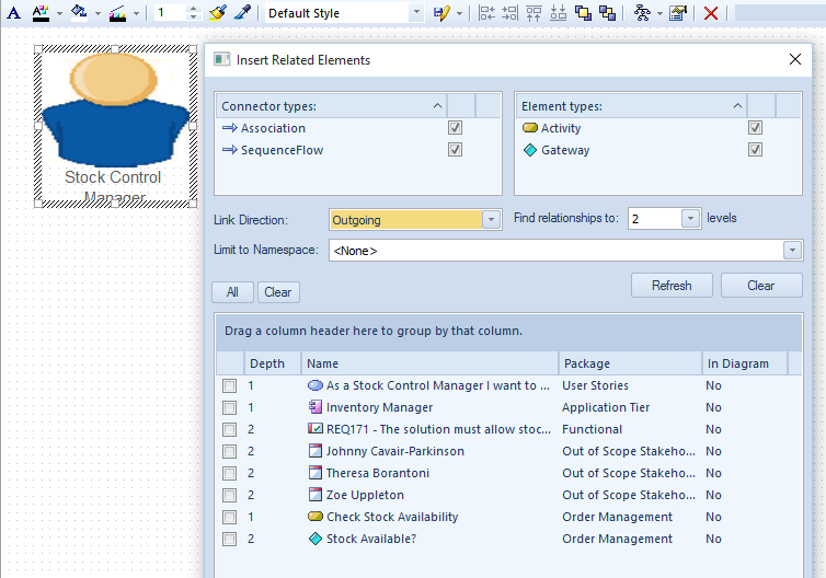 Using the Insert Related Elements dialog in Sparx Systems Enterprise Architect.