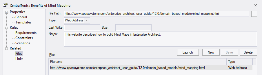 Adding a web address to an element from the Mind Mapping MDG technology in Sparx Systems Enterprise Architect.
