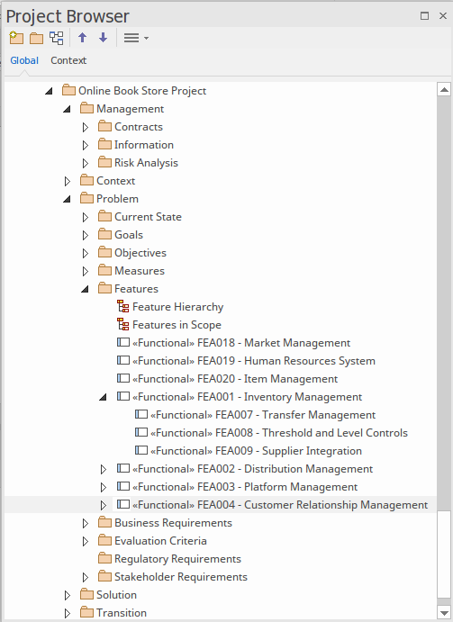 Showing Packages and Features in the project browser in Sparx Systems Enterprise Architect.