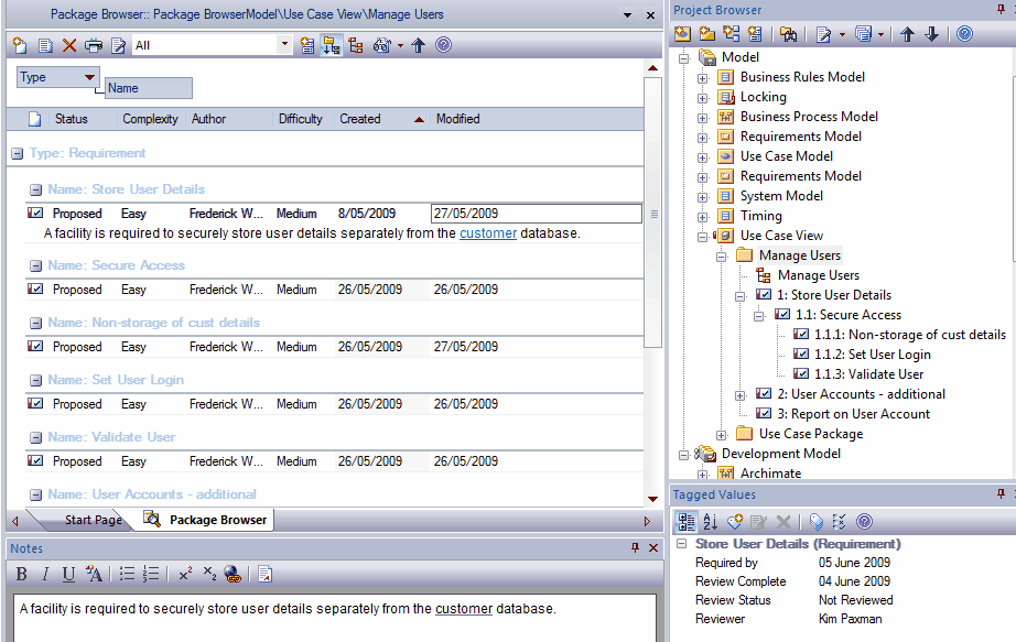 Reviewing requirements in the Package Browser in Sparx Systems Enterprise Architect.