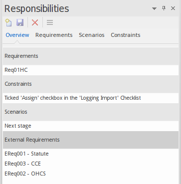 The Responsibilities Overview tab lists the Requirements, Scenarios and Constraints on the selected element.