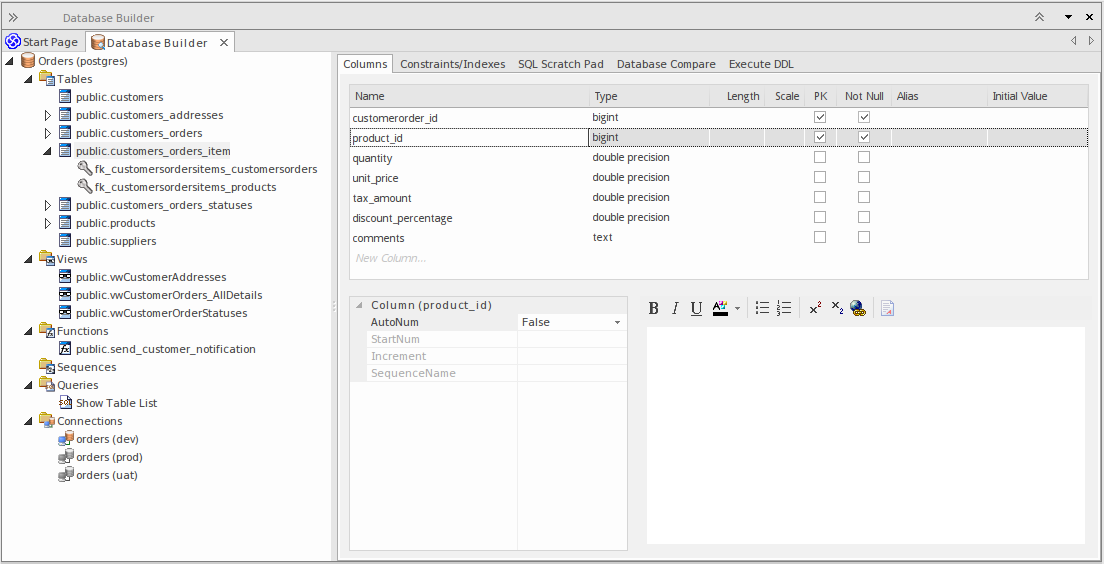 Showing the Columns tab of the Database Builder, in Sparx Systems Enterprise Architect.