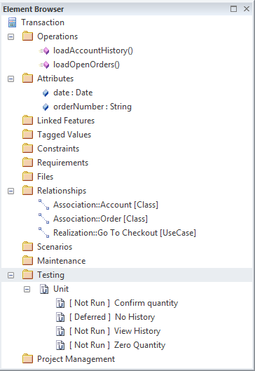 Viewing a UML Class element in the Element Browser in Sparx Systems Enterprise Architect.