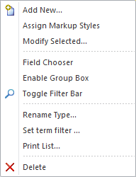 The context menu for glossary items.
