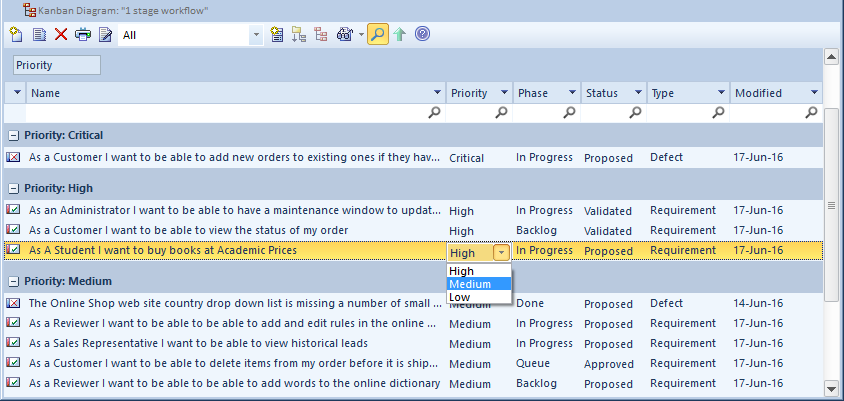 Showing a one-stage workflow Kanban Diagram as a List View in Sparx Systems Enterprise Architect.