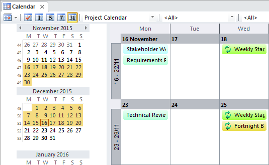 The project calendar in Sparx Systems Enterprise Architect.