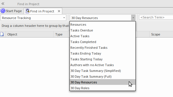 There are a number of built-in searches for tracking resources in Sparx Systems Enterprise Architect.