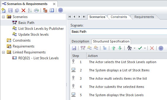 Creating a structured scenario using Enterprise Architect's Scenario Builder.