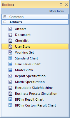 Selecting User Story from the Artifact toolbox in Sparx Systems Enterprise Architect.