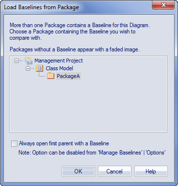 The Load Baselines from Package dialog in Sparx Systems Enterprise Architect.