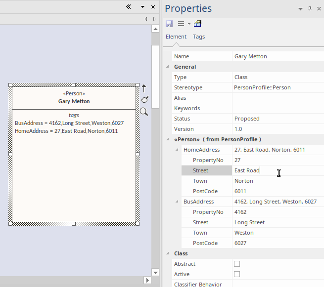 A UML Class diagram showing use of a stereotype with structured Tagged Values in Sparx Systems Enterprise Architect. A UML Class diagram showing use of a stereotype with structured Tagged Values in Sparx Systems Enterprise Architect.