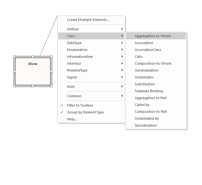 Showing the quicklinker menu for a selected Class element in Sparx Systems Enterprise Architect.