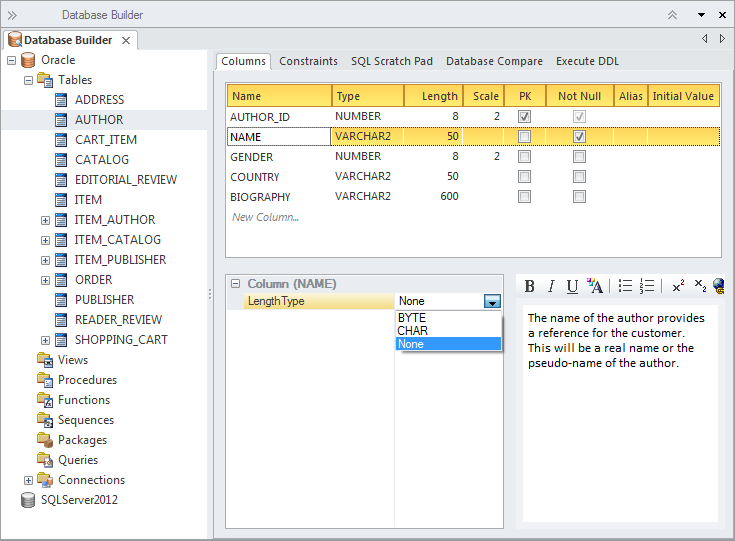 Showing the Database Builder with a loaded model in Sparx Systems Enterprise Architect.
