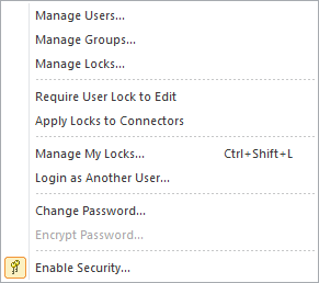 Security menu in Sparx Systems Enterprise Architect.