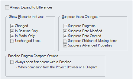 Baseline Compare Options dialog in in Sparx Systems Enterprise Architect.