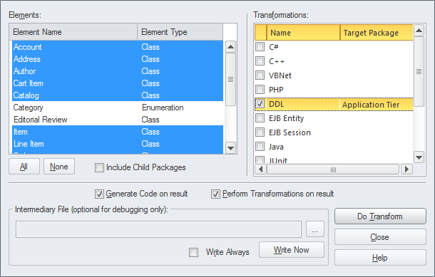 Using MDA model transformation in Sparx Systems Enterprise Architect.