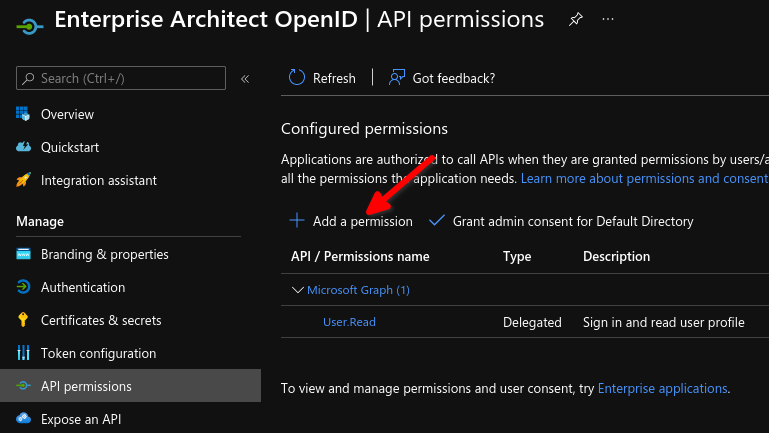 Select 'API permissions', 'Add a permission'