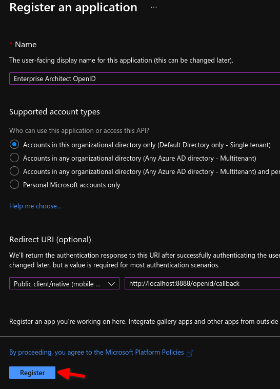 Shows details to be entered when creating a new 'app registration' in Azure for use with OpenID