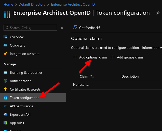 Select 'Token configuration', 'Add optional claim'