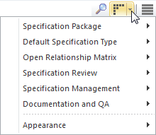 The Specification Manager Options Menu, in Sparx Systems Enterprise Architect.